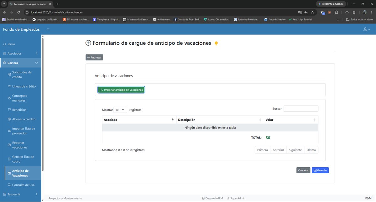Formulario de cargue de anticipos de vacaciones.