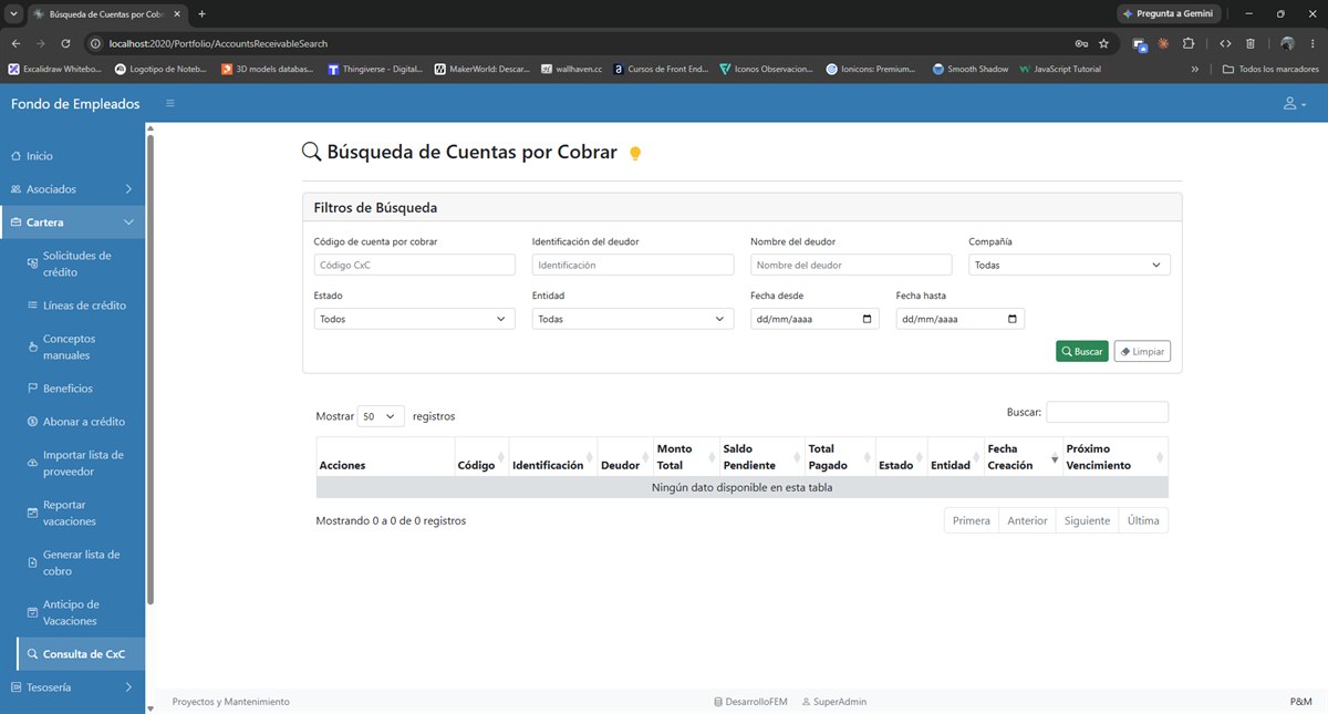 Búsqueda de cuentas por cobrar con sus filtros y resultados.