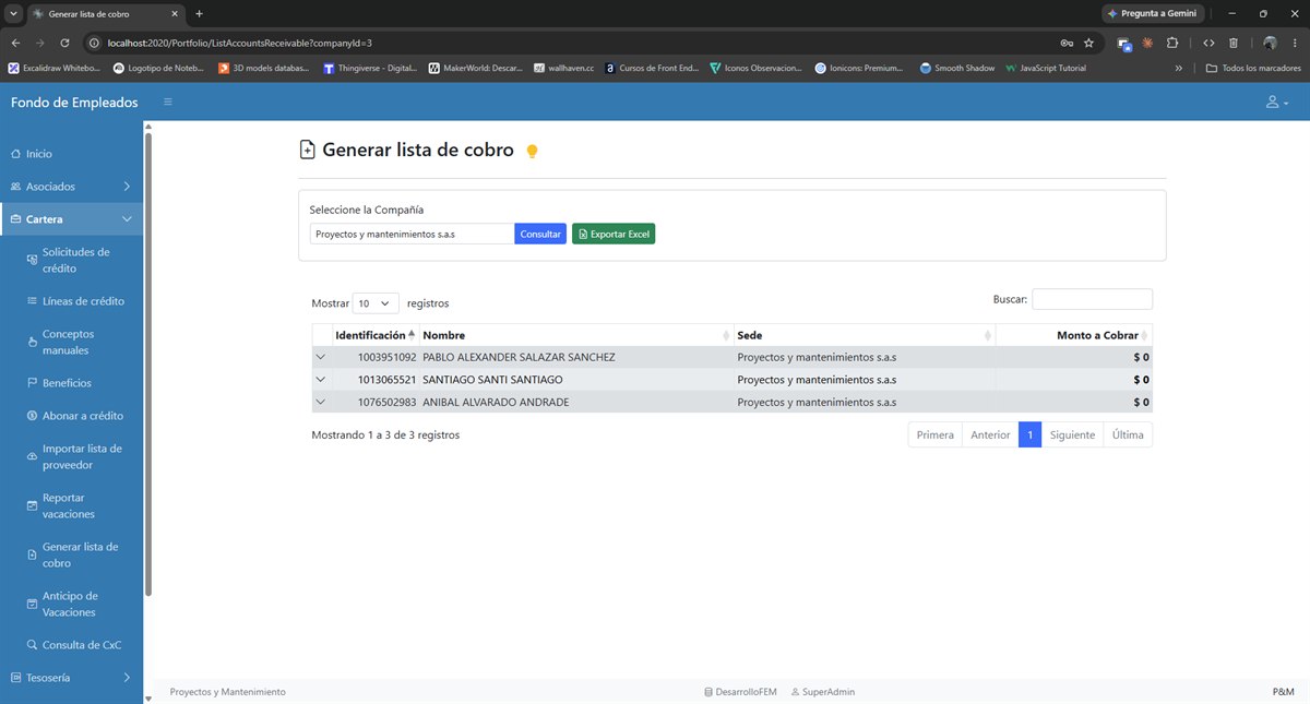 Consulta de la lista de cobro por empresa, con su detalle por asociado.
